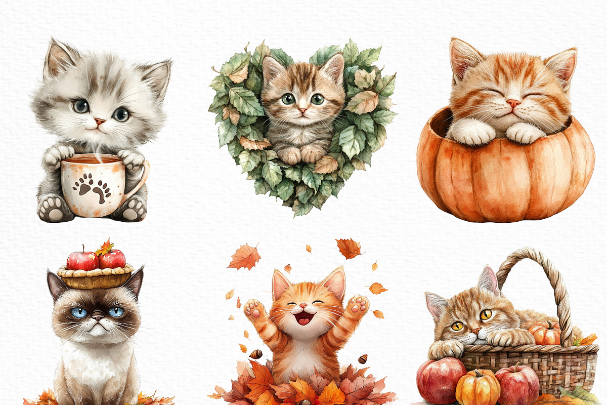 Watercolor Autumn Cat Clipart Bundle, an Illustration by Craft Nest (Photo 3 of 6)