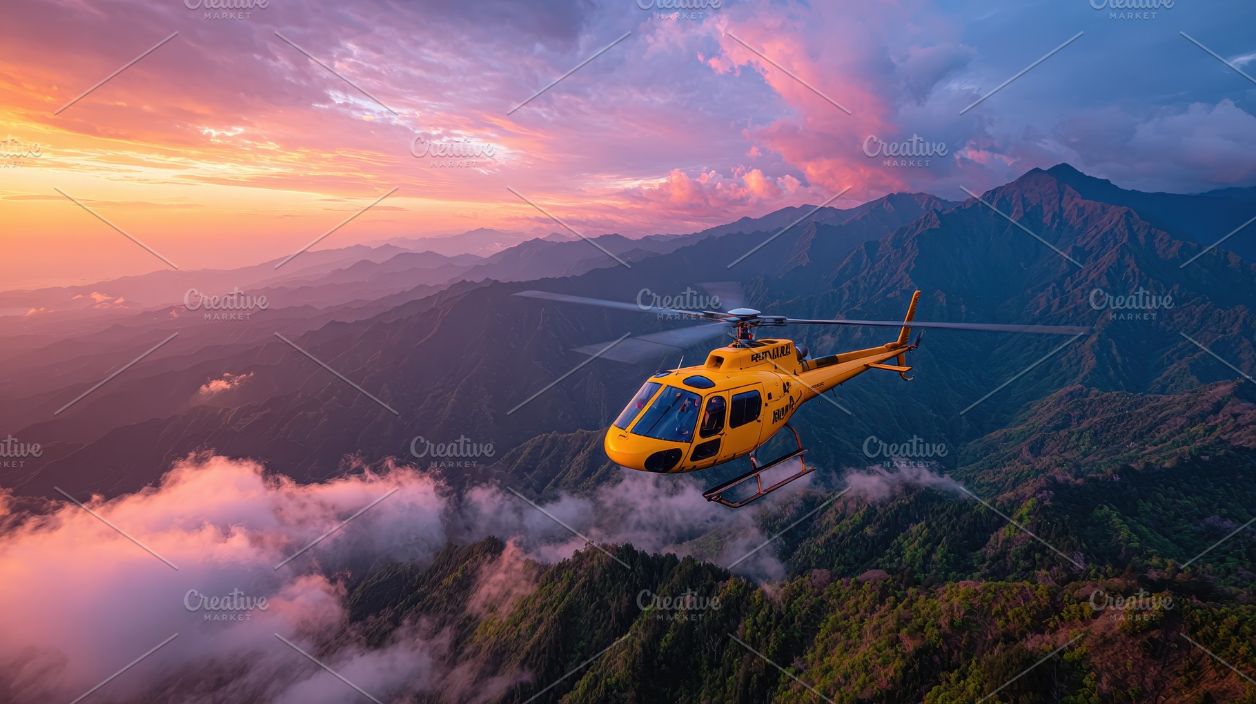 Yellow helicopter soaring above maje, a Photo by Pixeness Studio