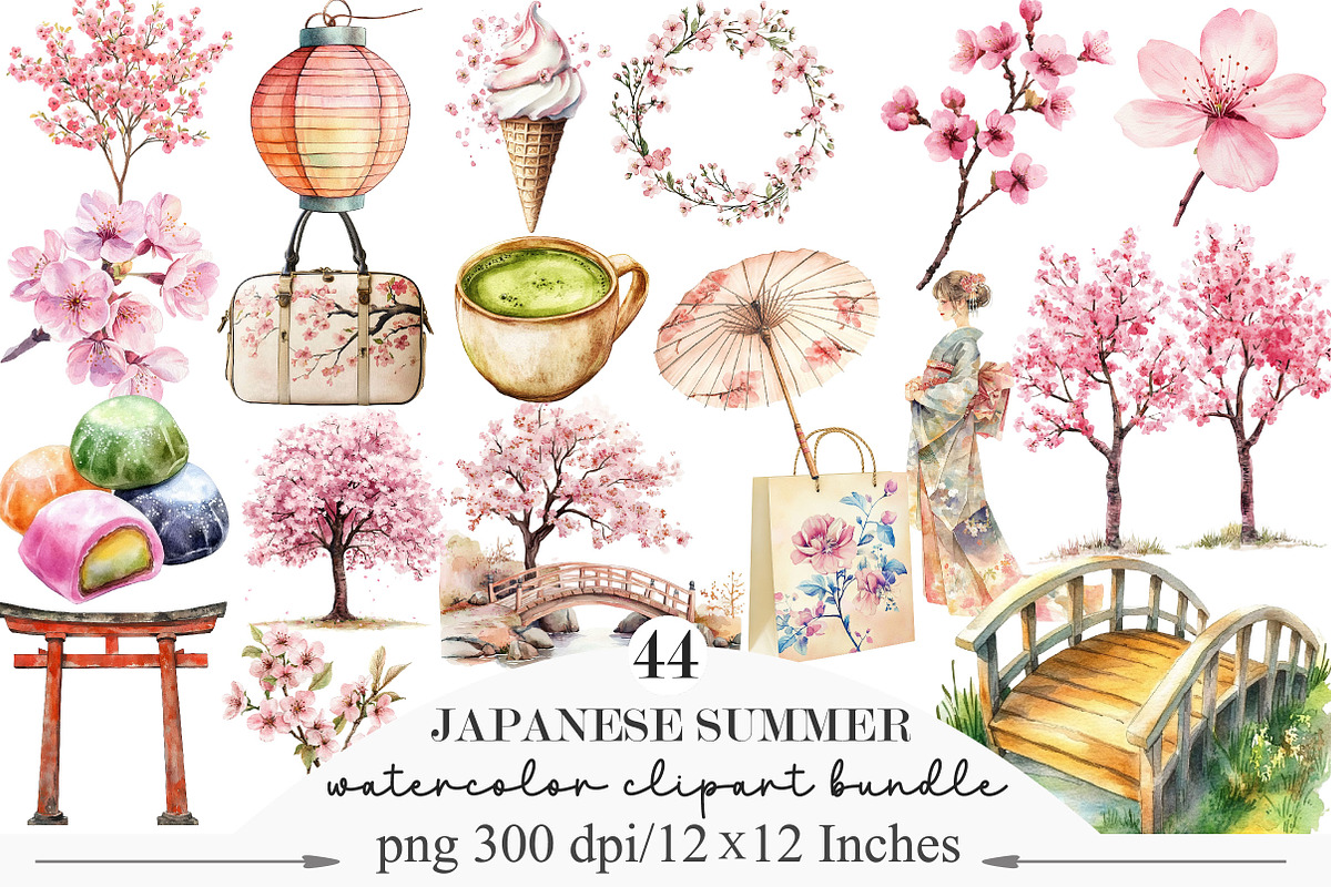 Watercolor Japanese Summer Clipart, an Illustration by Designking (Photo 1 of 5)