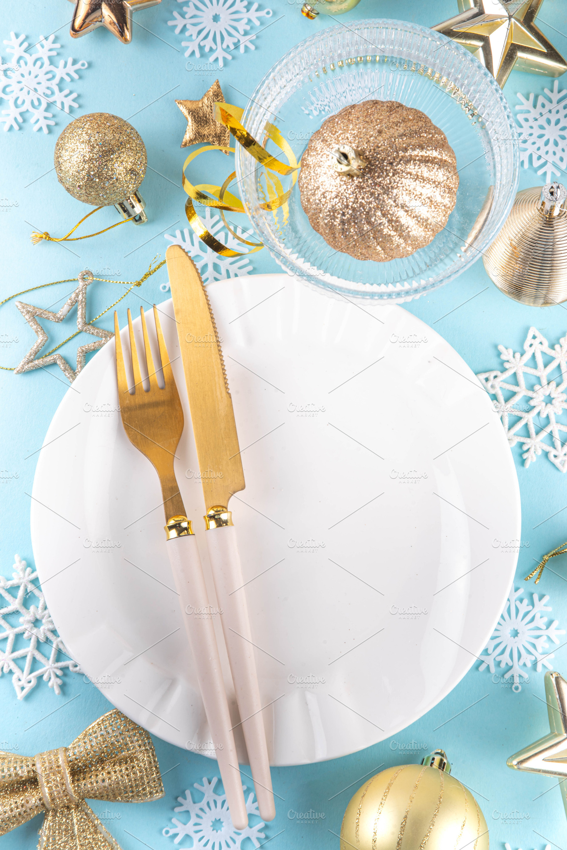 Christmas, New Year table setting with plate, drinking glass, cu, a Holiday Photo by Rimma