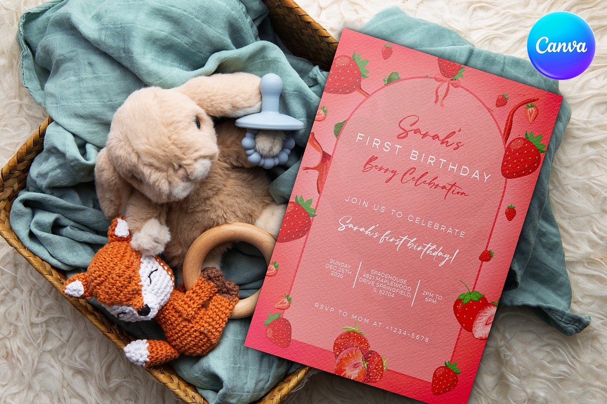 Strawberry First Birthday Invitation, an Invitation Template by InvitingStorys (Photo 2 of 10)