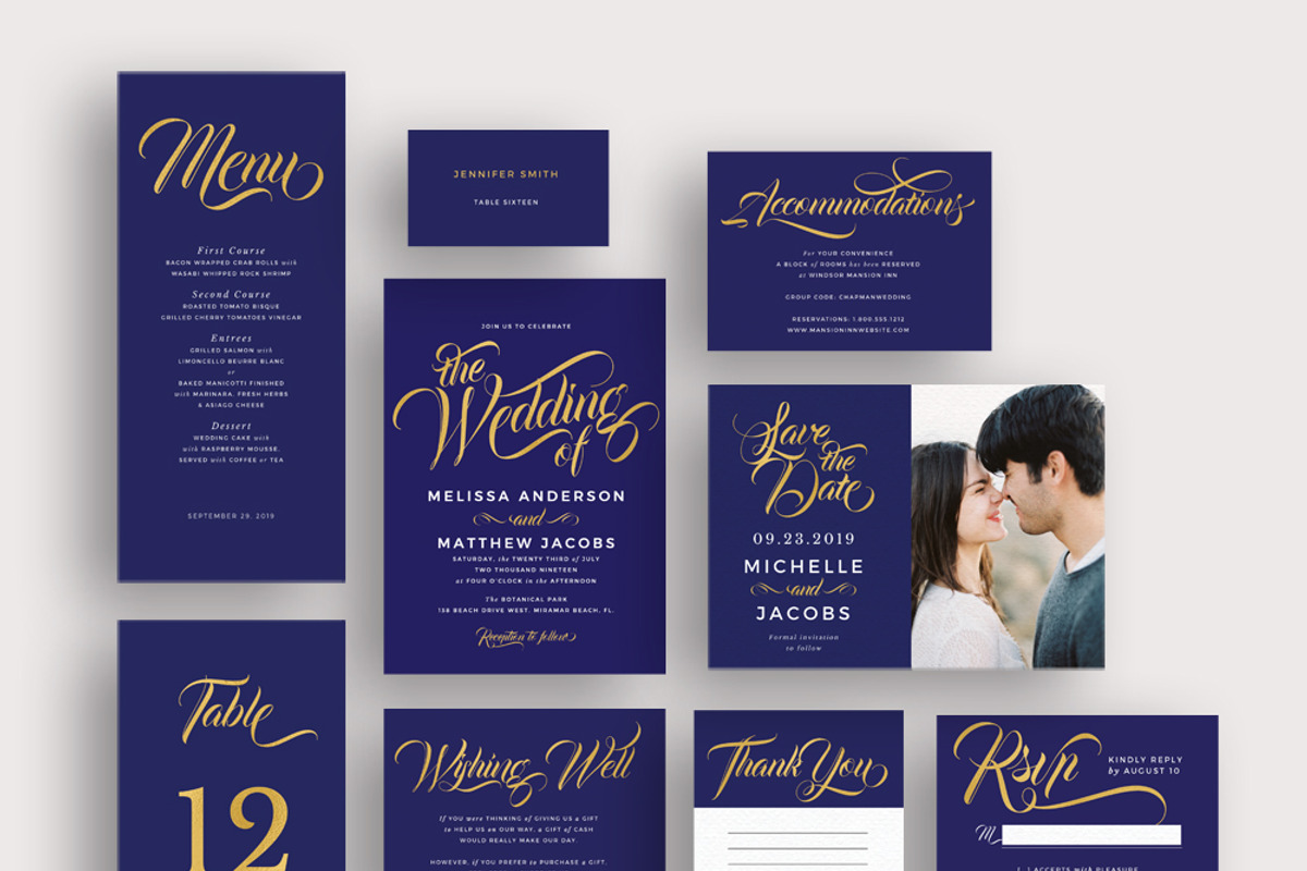 Modern gold blue calligraphy invites, an Invitation Template by Inkpower (Photo 1 of 7)