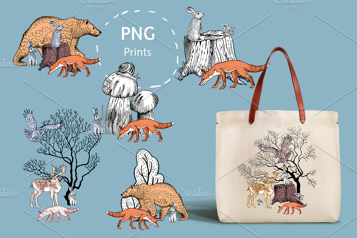 Forest animals, trees, mushrooms., an Animal Illustration by lilisavelieva (Photo 4 of 6)