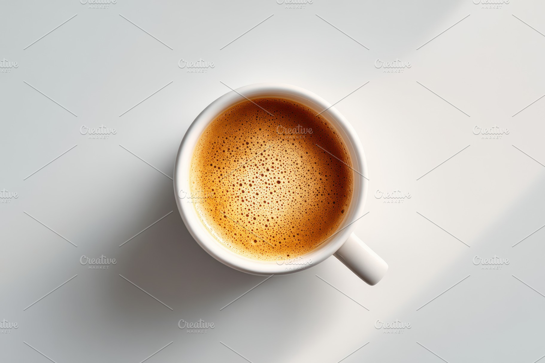 Frothy coffee in a white cup from above, a Food & Drink Photo by AlyaAnd