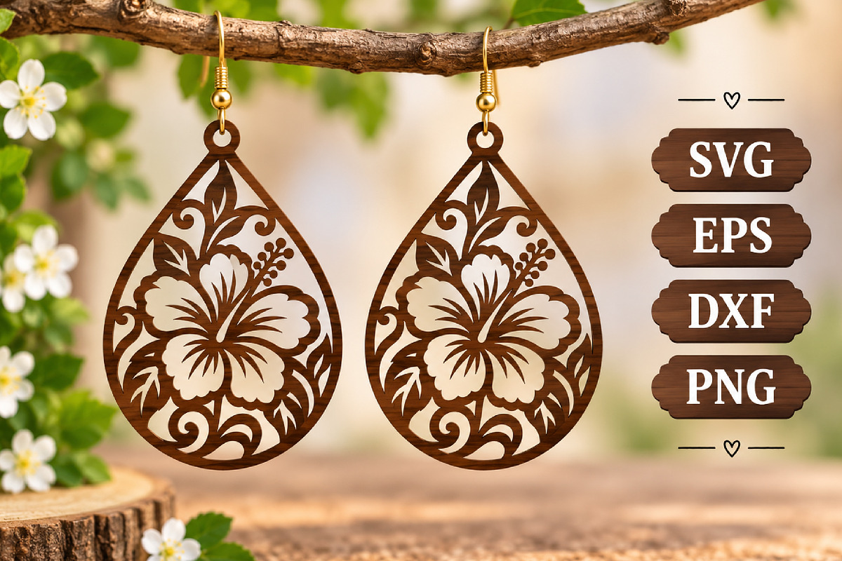 Hibiscus Flower Earring Wood SVG, an Object Graphic by Libby Wishes (Photo 2 of 3)