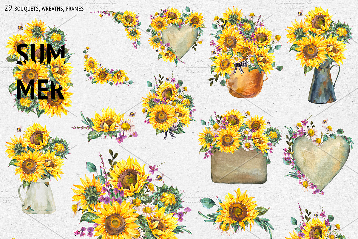 Sunflower rustic watercolor flowers, an Illustration by Depiano (Photo 5 of 10)