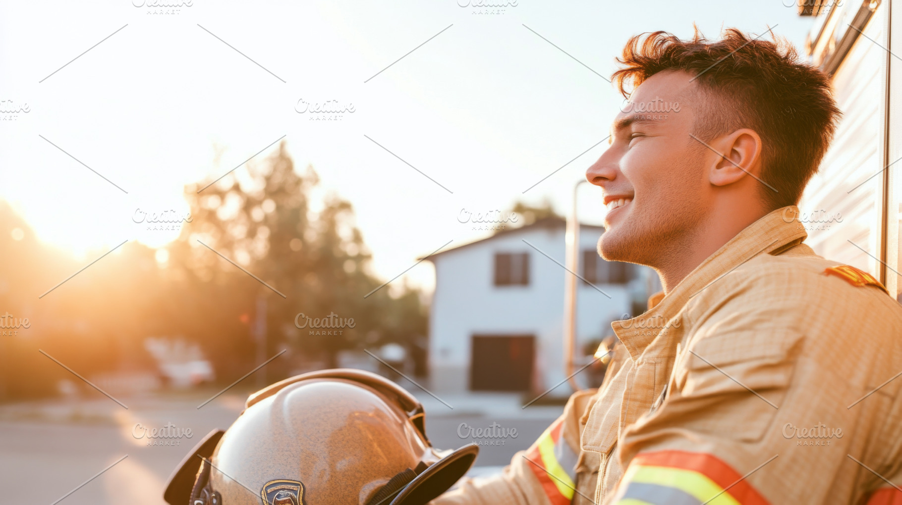 Smiling firefighter in uniform holding helmet outside, bright su, a Photo by Dvoevnore photos