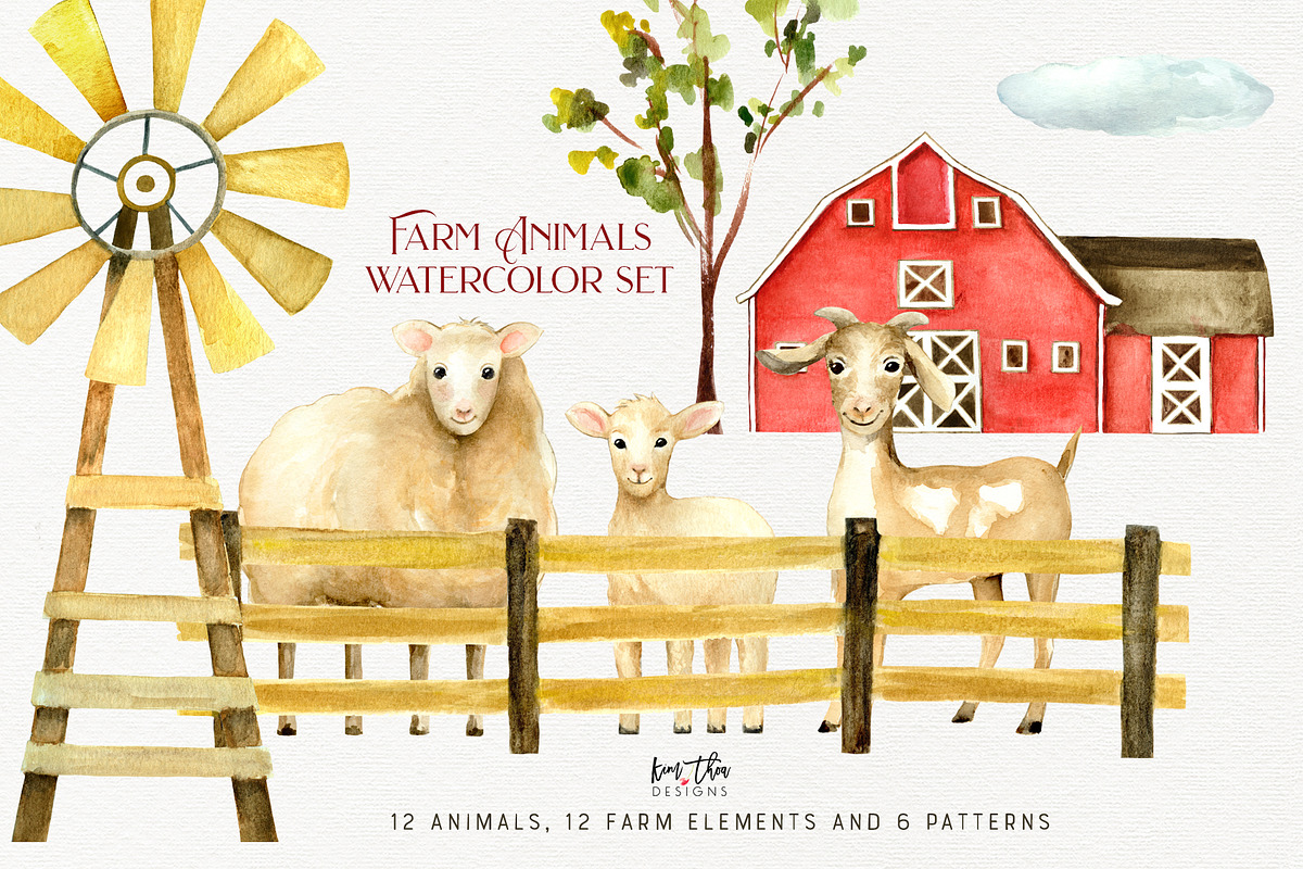Farm Animals Watercolor Set, an Animal Illustration by Kim Thoa Designs (Photo 1 of 6)