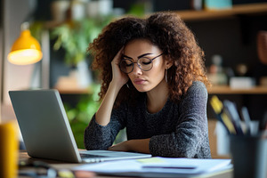Tensed woman working in home office, a Photo by Pavel_design
