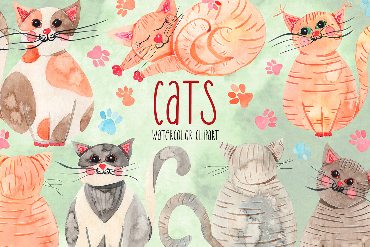 Cat watercolor clipart, an Animal Illustration by AnastasiaWatercolor (Photo 1 of 6)
