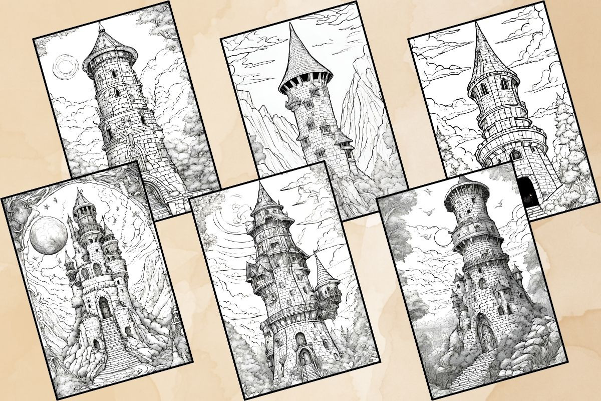 Fantasy Magical Tower Coloring Pages, an Illustration by Catchy Ideaz (Photo 2 of 3)