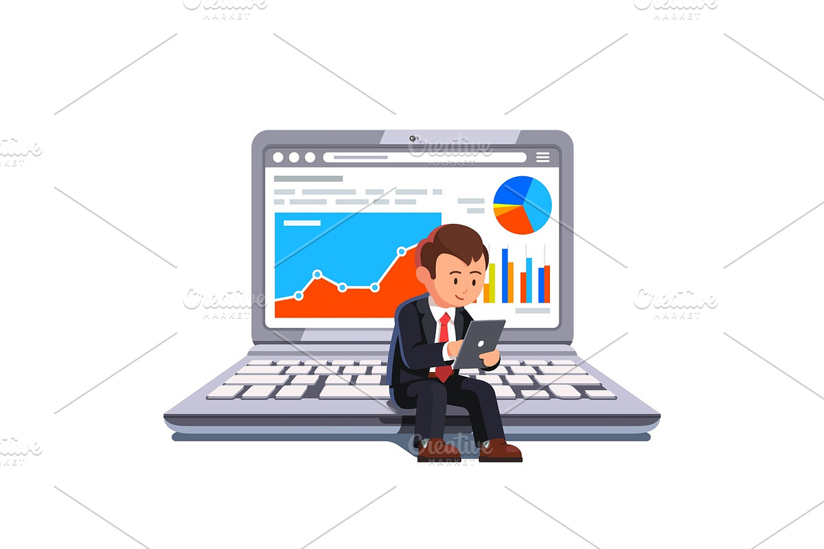 Small businessman sitting on a big laptop, a Person Illustration by Iconicbestiary
