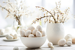 Easter eggs with flowers on wooden table, a Holiday Photo by AlyaAnd