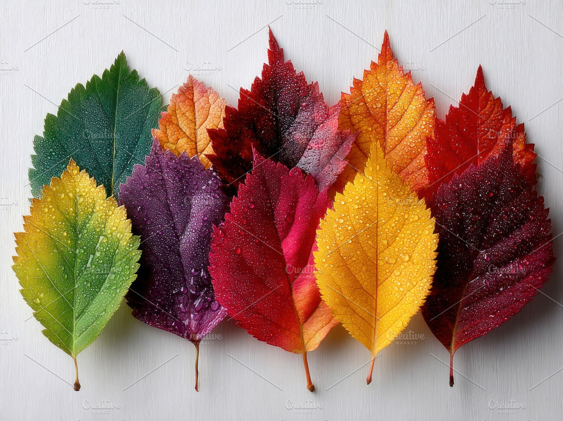 Colorful autumn leaves arranged in rainbow order with water drop, a Nature Photo by José Manuel Gelpi