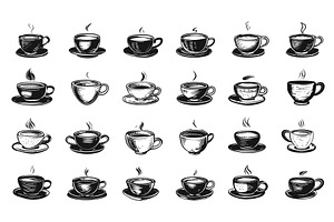 Doodle Style Tea Cups Icon Set. Tea