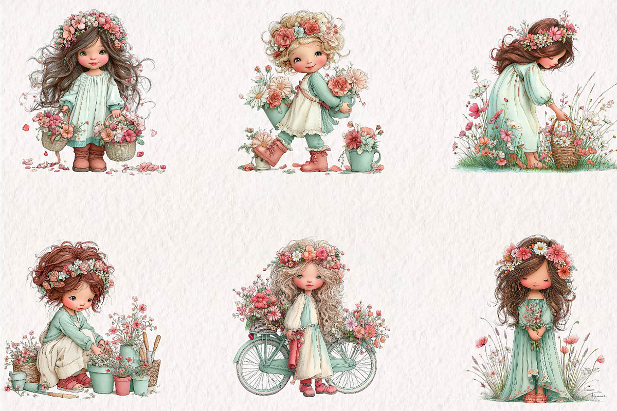 Boho Flower Girl Clipart Bundle, a Seasonal Illustration by CreationArt (Photo 3 of 7)