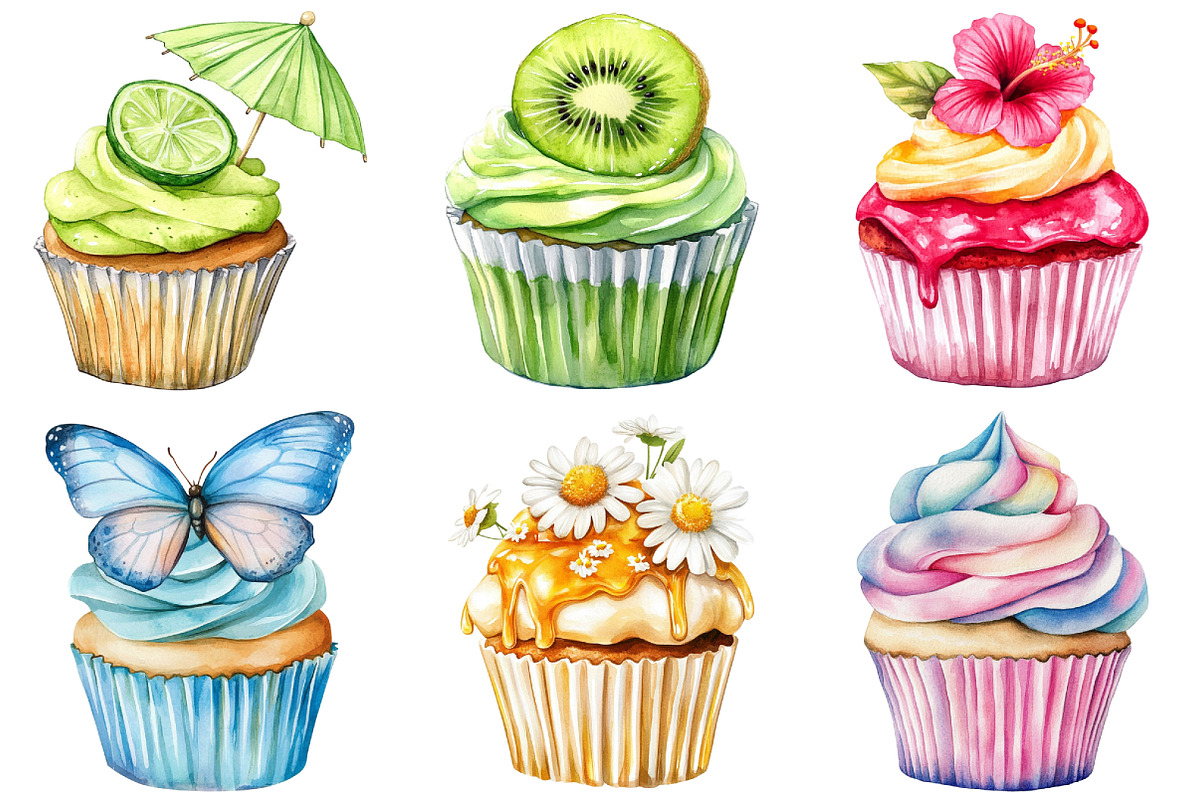 Watercolor Summer Cupcake Clipart, an Illustration by Craft Nest (Photo 3 of 6)
