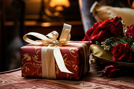 Christmas gift box near cosy fireplace in the English country co, a Photo by Anneleven