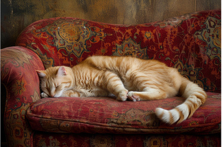 Sleeping orange cat on vintage sofa, an Animal Photo by Ylivdesign