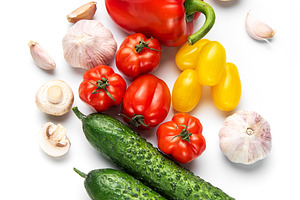Fresh healthy vegetables creating a vibrant ingredient compositi, a Food & Drink Photo by Olena Rudo