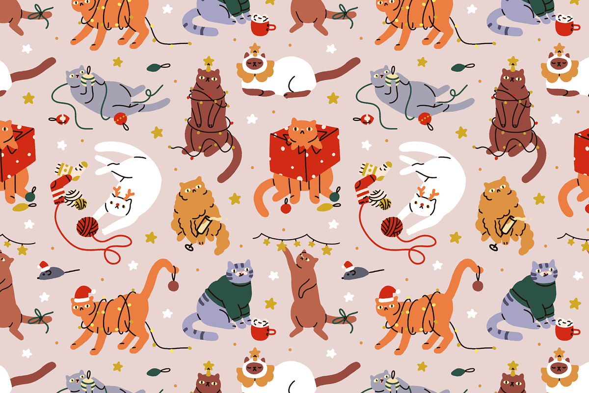 Cute Christmas cats seamless pattern, a Pattern Graphic by Good Studio