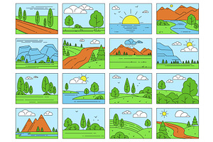 Landscape color icons. Linear travel, an Illustration by YummyBuum