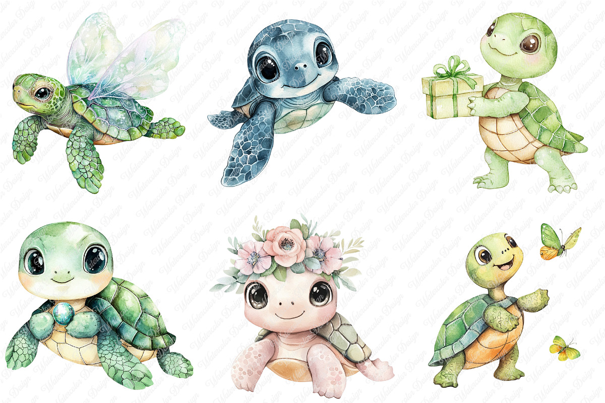 Watercolor Baby Turtle Clipart, an Illustration by Watercolor design (Photo 3 of 12)