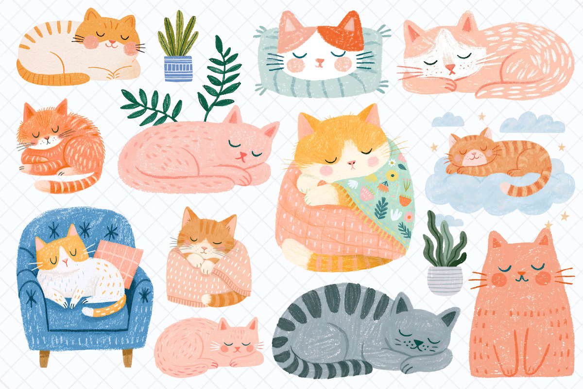 Cozy Sleeping Cats Clipart Bundle, an Animal Illustration by Whimsy Brush Studio (Photo 3 of 10)