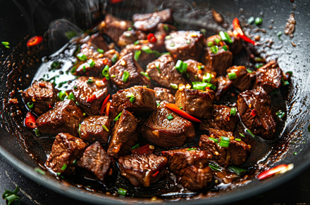 Cubes of tender beef are being stir-, a Photo by Tanuart