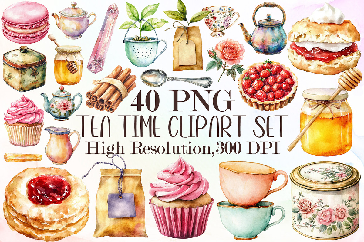 Watercolor Tea Time Clipart Set, an Illustration by Sublimation Artist (Photo 1 of 6)