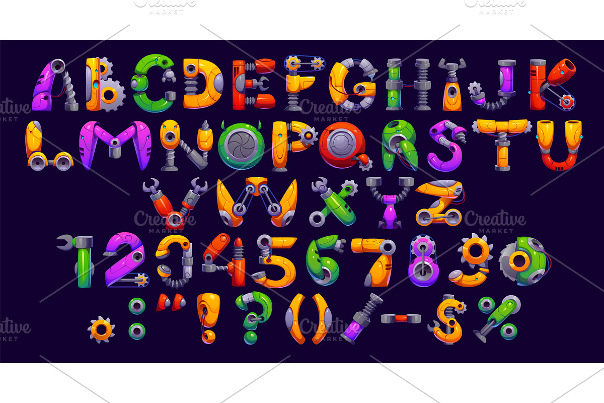Cartoon robot hand font, gears, a Technology Illustration by Vector Tradition