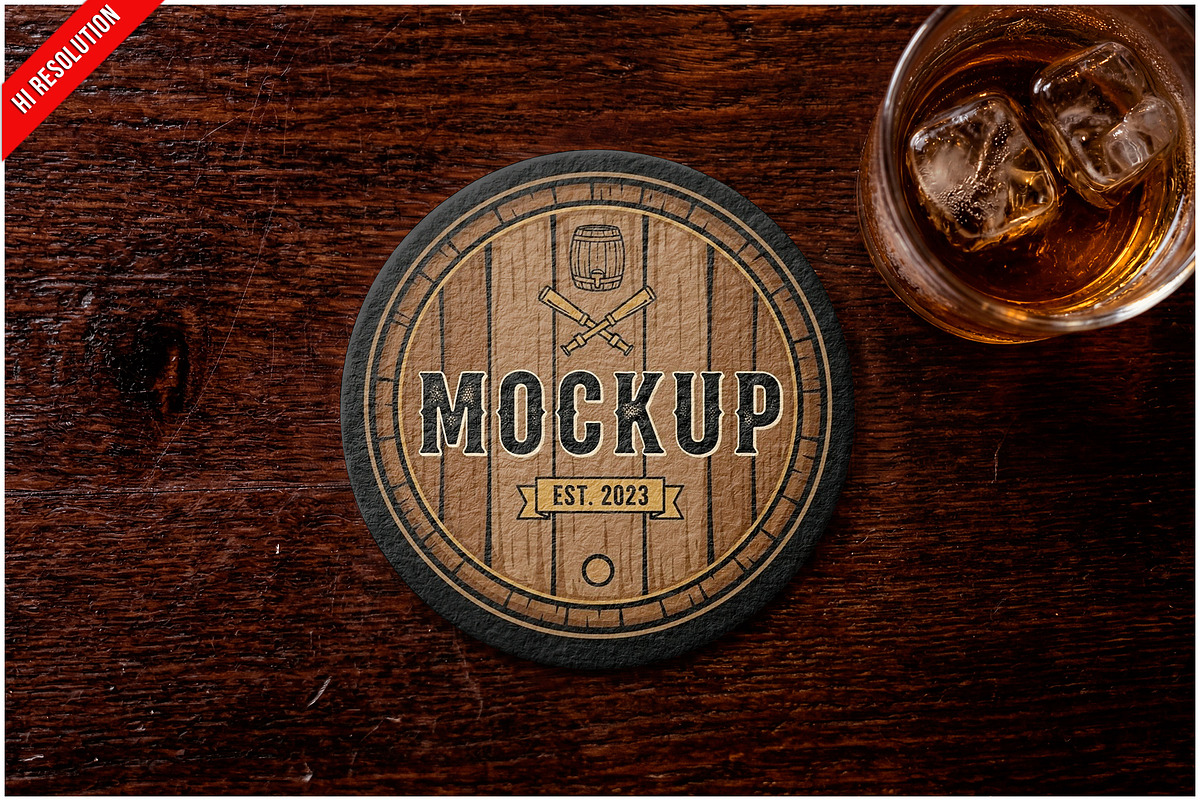 Paper Coaster On Mahogany Bar Co PSD, an Advertising Mockup by Bruno's Shop (Photo 1 of 3)