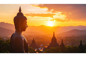 Buddha statue at sunrise overlooking, an Architecture Photo by Igor Tichonow