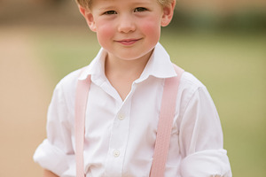 Young blonde boy smiling and looking at camera, wearing white sh, a Person Photo by Studio ANNA