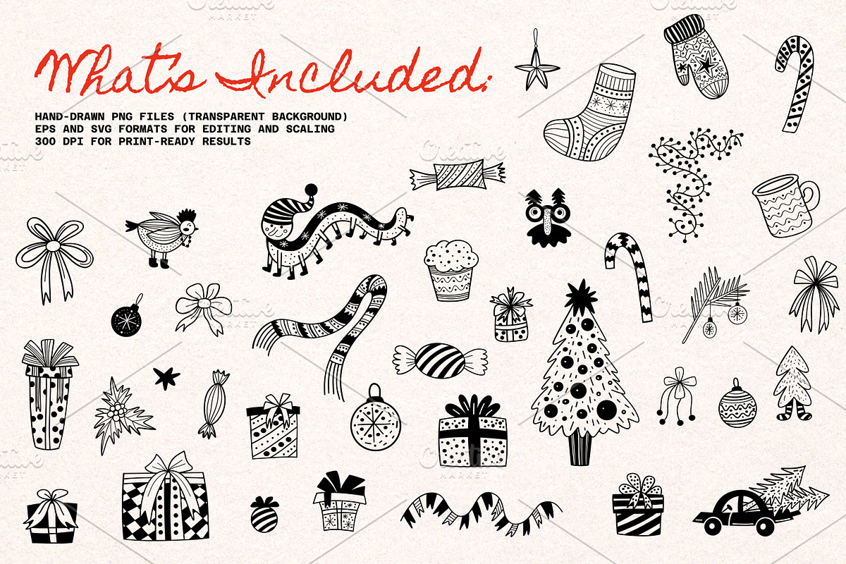 Merry Christmas Doodles Hand Drawn, an Illustration by Art's and patterns (Photo 2 of 5)