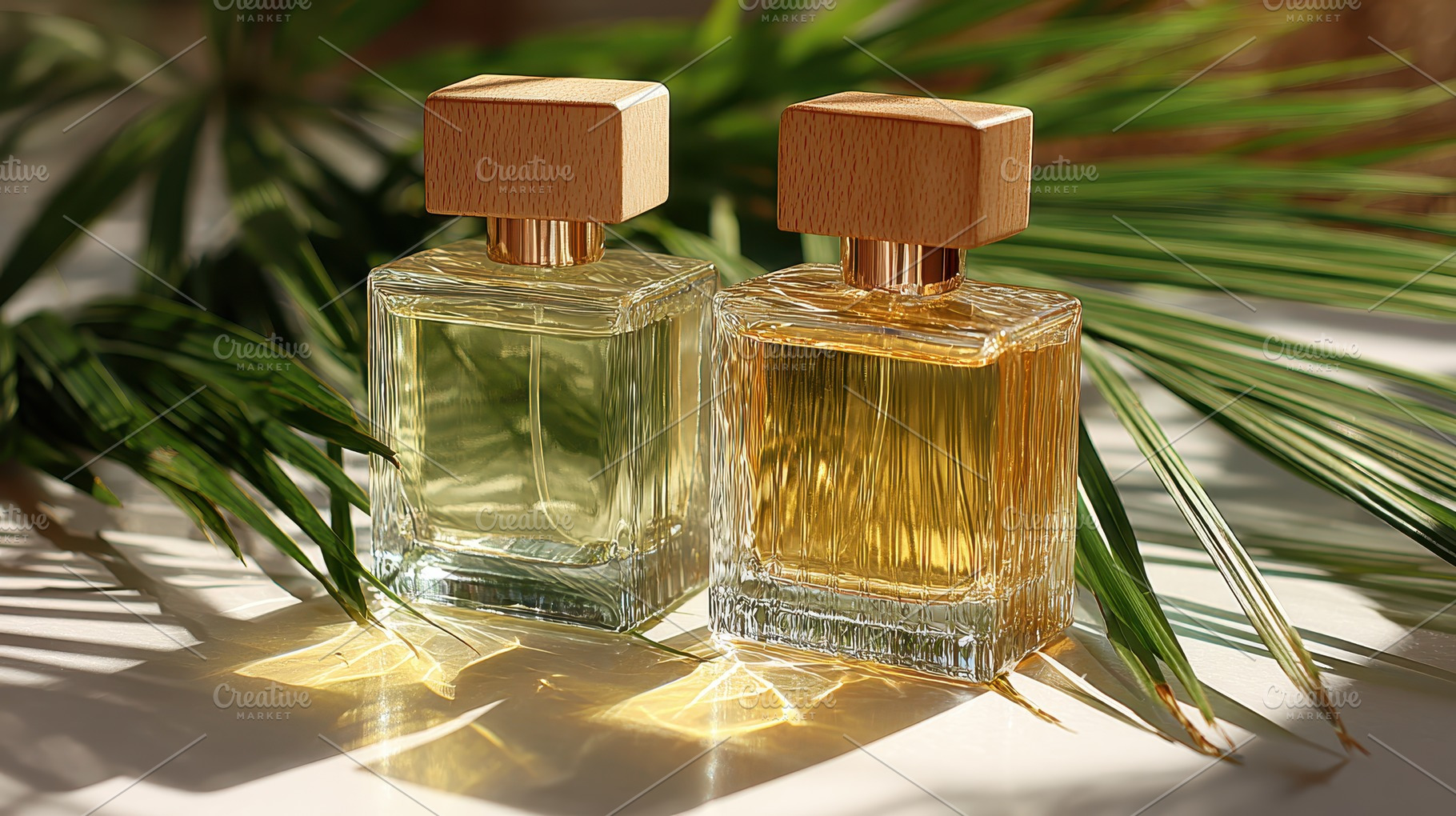 Two perfume bottles with wooden caps, a Photo by Pixeness Studio