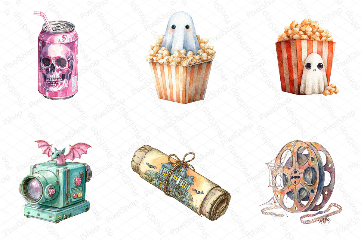Watercolor Halloween Movie Night Cli, an Illustration by DreamPrint404 (Photo 5 of 5)