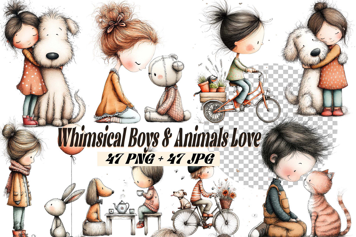 Whimsical Girl & Dog Love Clipart, a Graphic by one-touch (Photo 1 of 16)