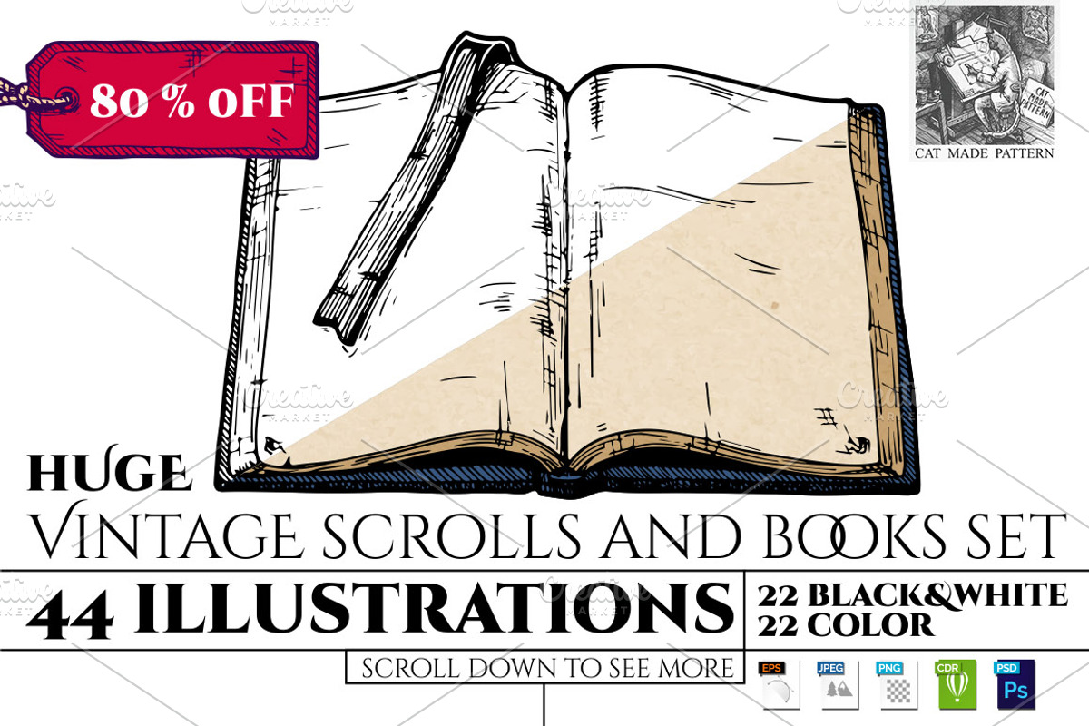 Huge vintage scrolls and books set, a Decorative Illustration by CatMadePattern