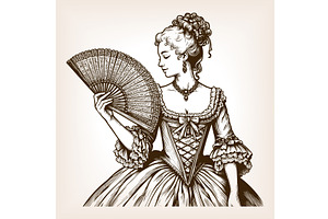 lady with ornate fan and floral, a Person Illustration by AlexArt