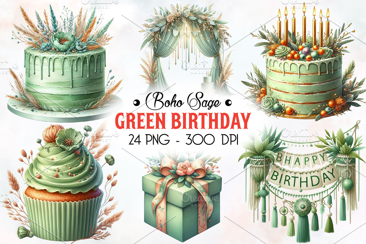 Boho Sage Green Birthday Clipart, an Illustration by RobertsArt (Photo 1 of 8)