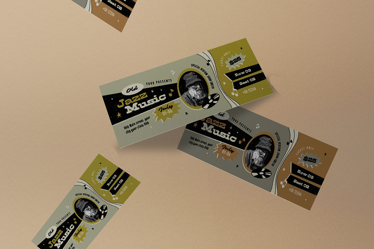 Retro Old Jazz Music Ticket, a Card Template by graphicook (Photo 3 of 3)