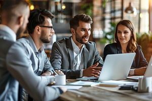 Diverse businesspeople sitting at office desk discussing busines, a Business Photo by AlyaAnd