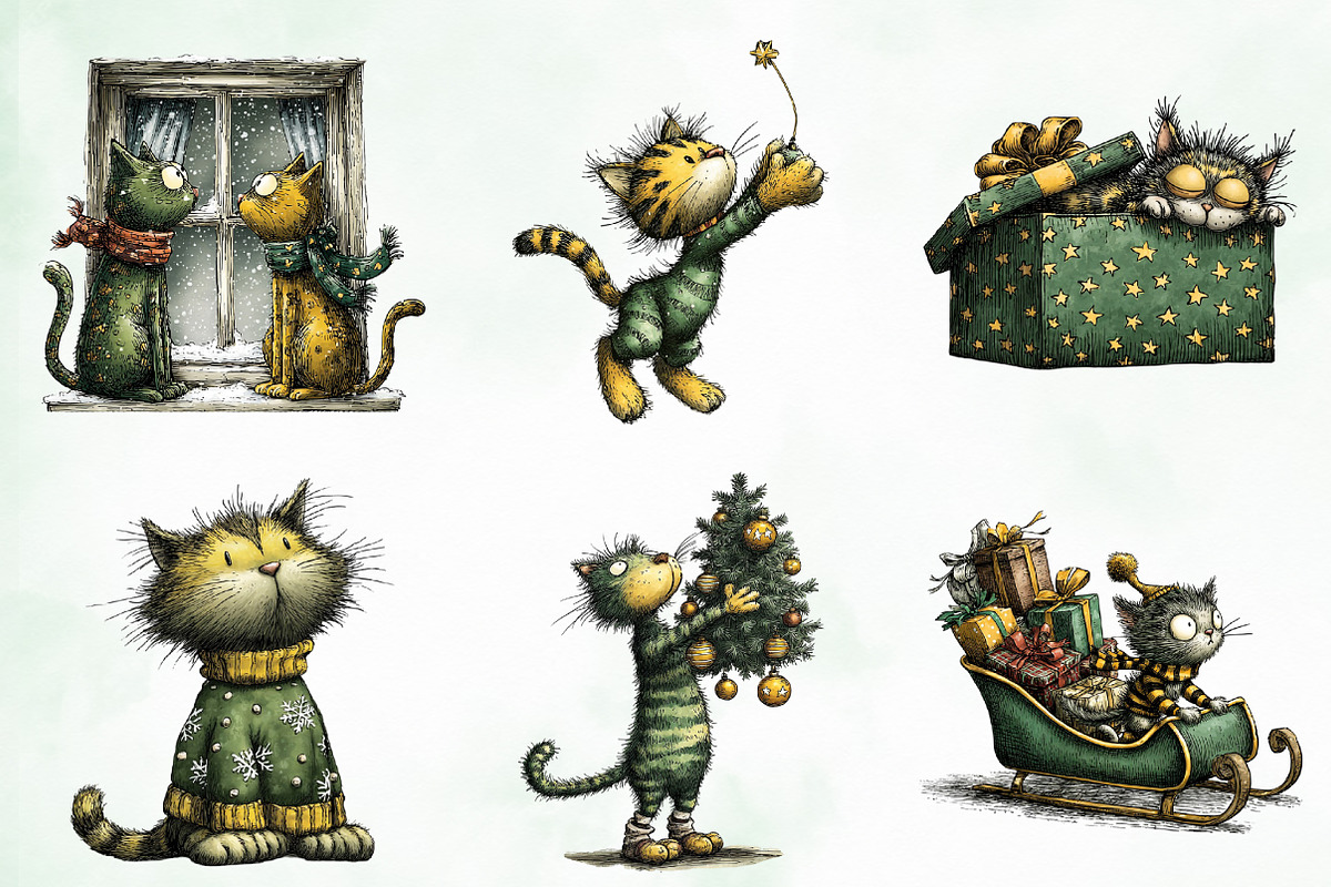 Whimsical Christmas Cats Clipart, an Illustration by Creative Art (Photo 4 of 10)