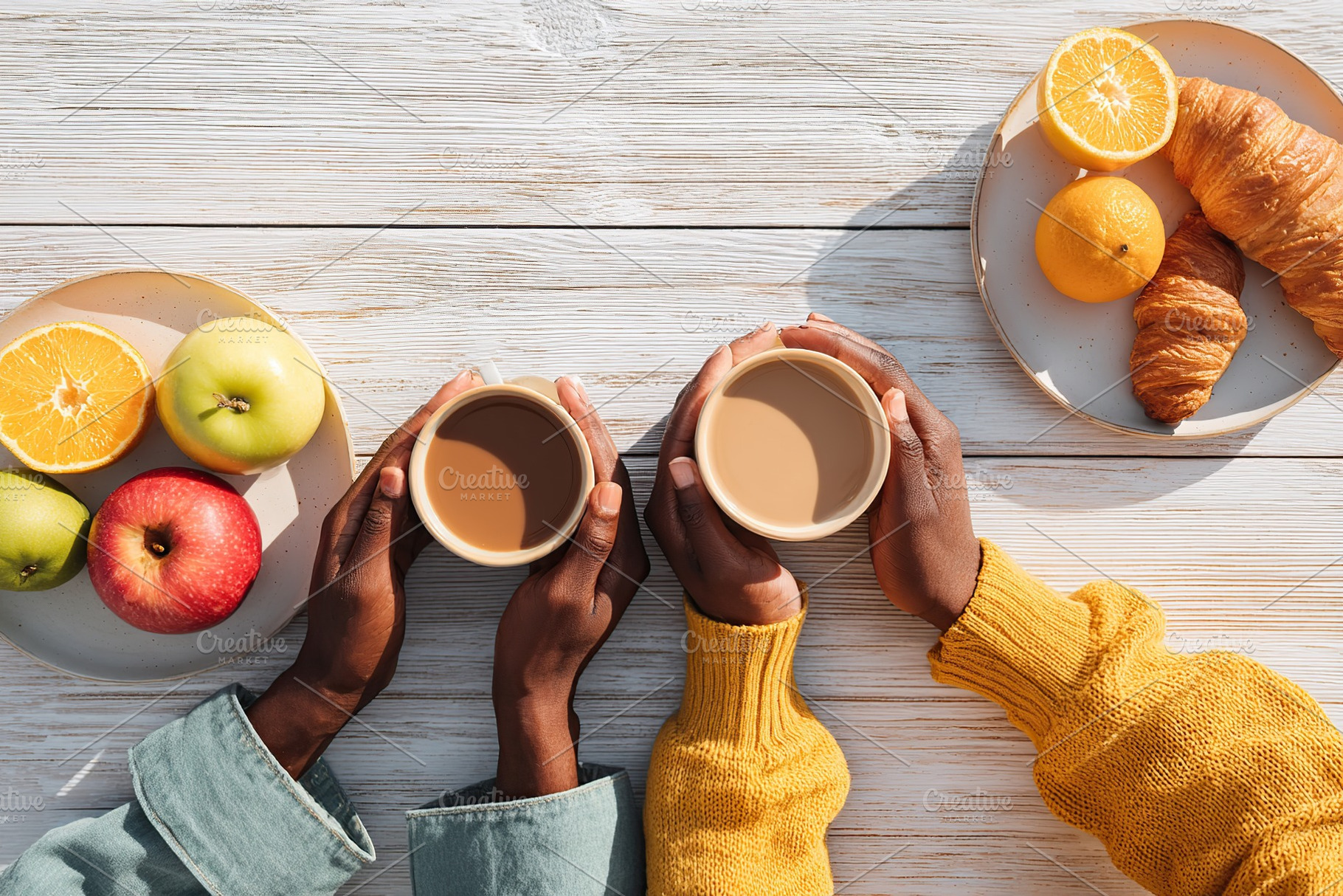 Enjoying warm drinks and fresh fruit at a cozy breakfast gathering with friends, a Photo by AlyaAnd