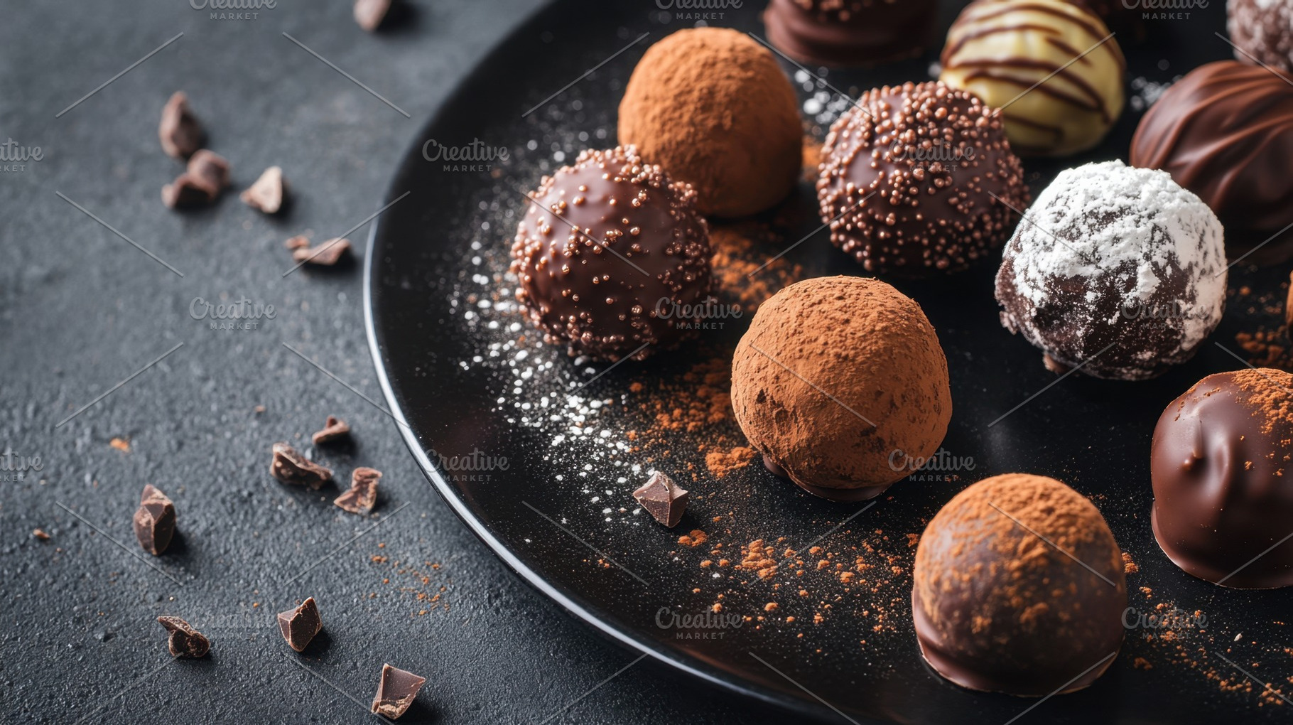 Mixed truffles on black plate, a Photo by Beautiful things