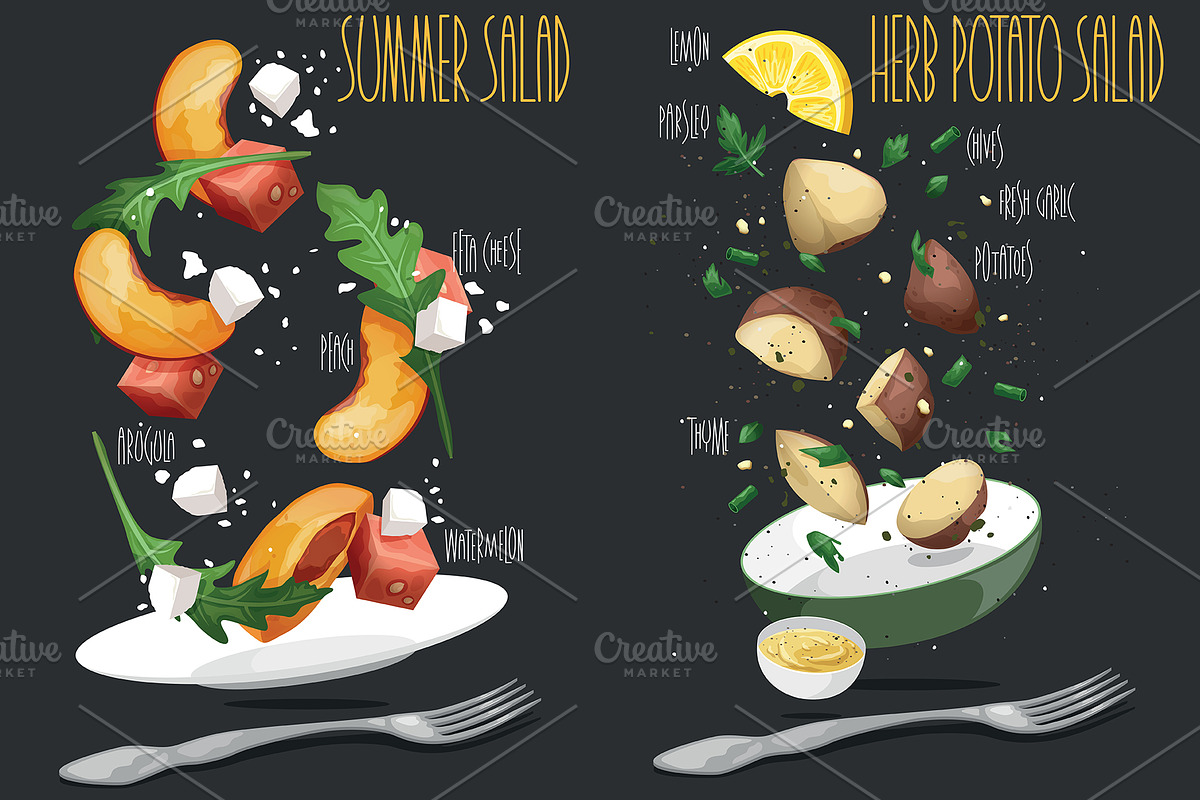 SET salad. Vector illustration, a Food Illustration by AKOMIX (Photo 4 of 9)