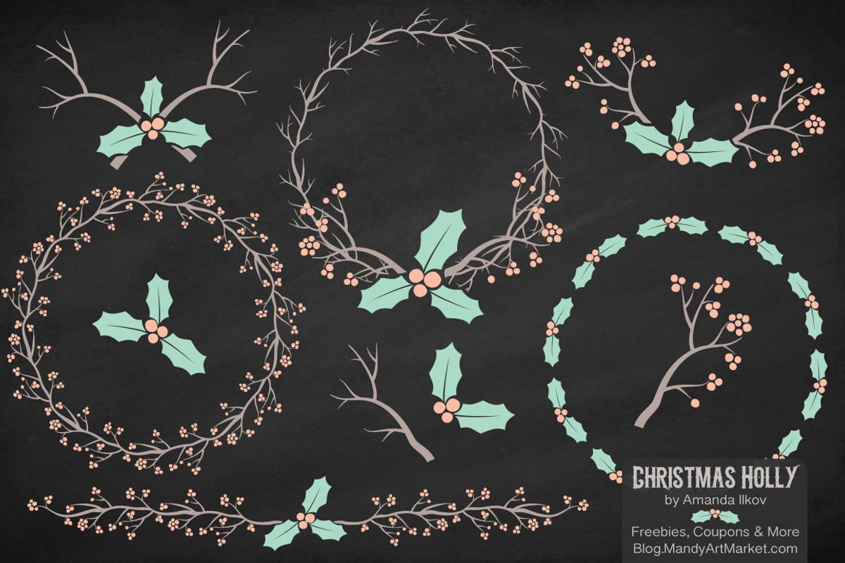 Mint & Peach Holly Clipart & Vectors, an Illustration by Amanda Ilkov (Photo 2 of 5)