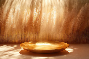 Golden bowl on beige surface pampas, an Abstract Photo by Pixeness Studio