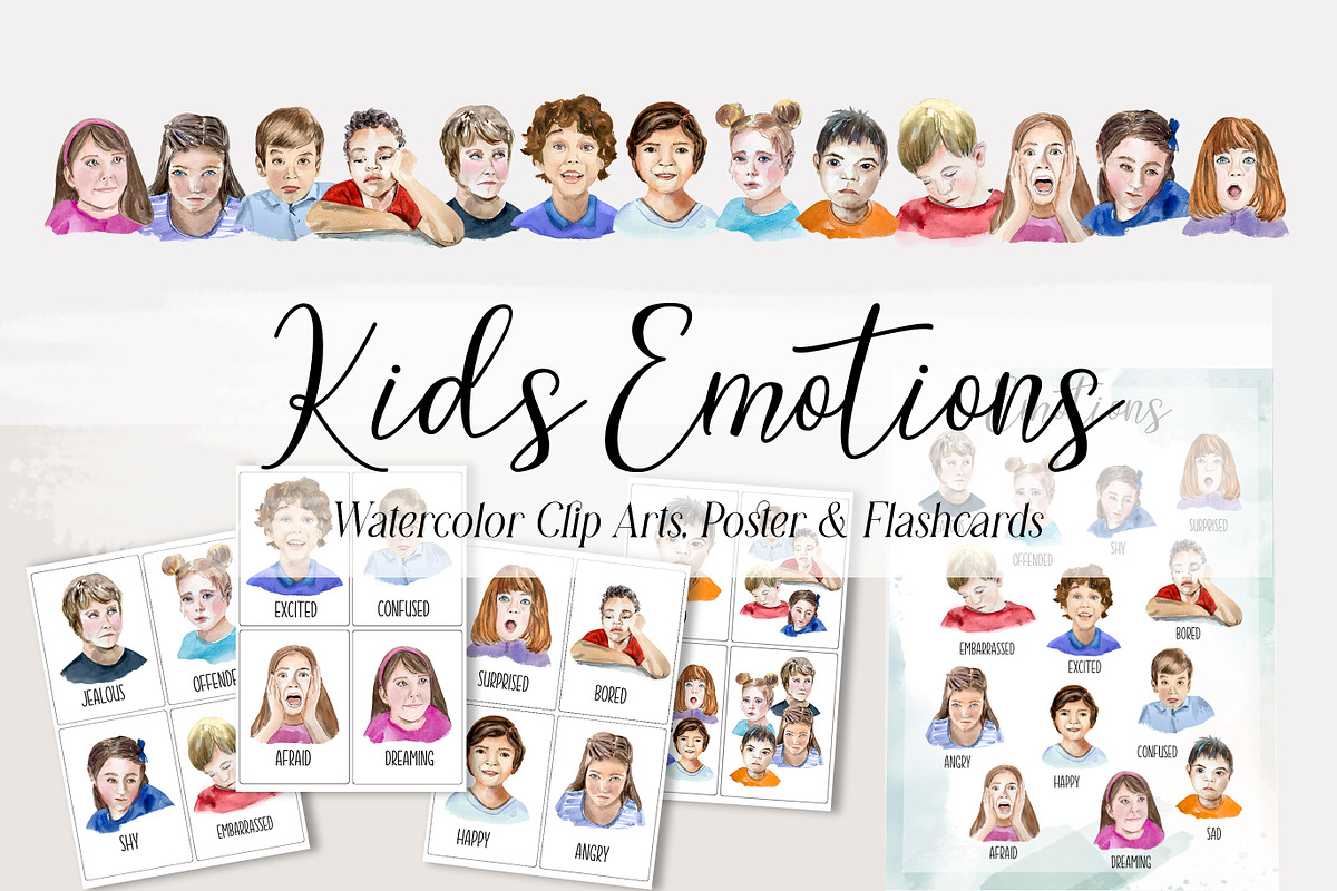 Kids Emotions - Watercolor Set, an Education Illustration by Tati Bordiu (Photo 1 of 5)